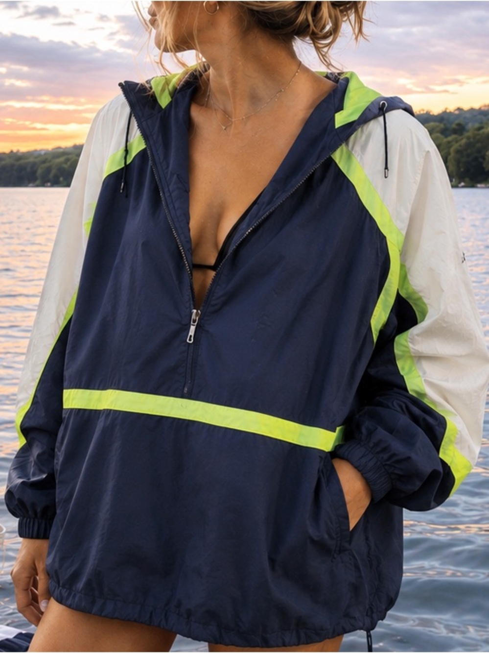 Free People Movement Colorblock Windbreaker XS Oversized Neon Trim Jacket NWOT
